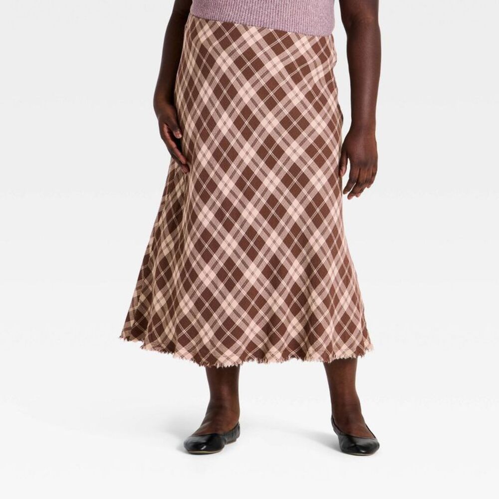 Women's Plaid Midi Skirt - Universal Thread Brown XXL